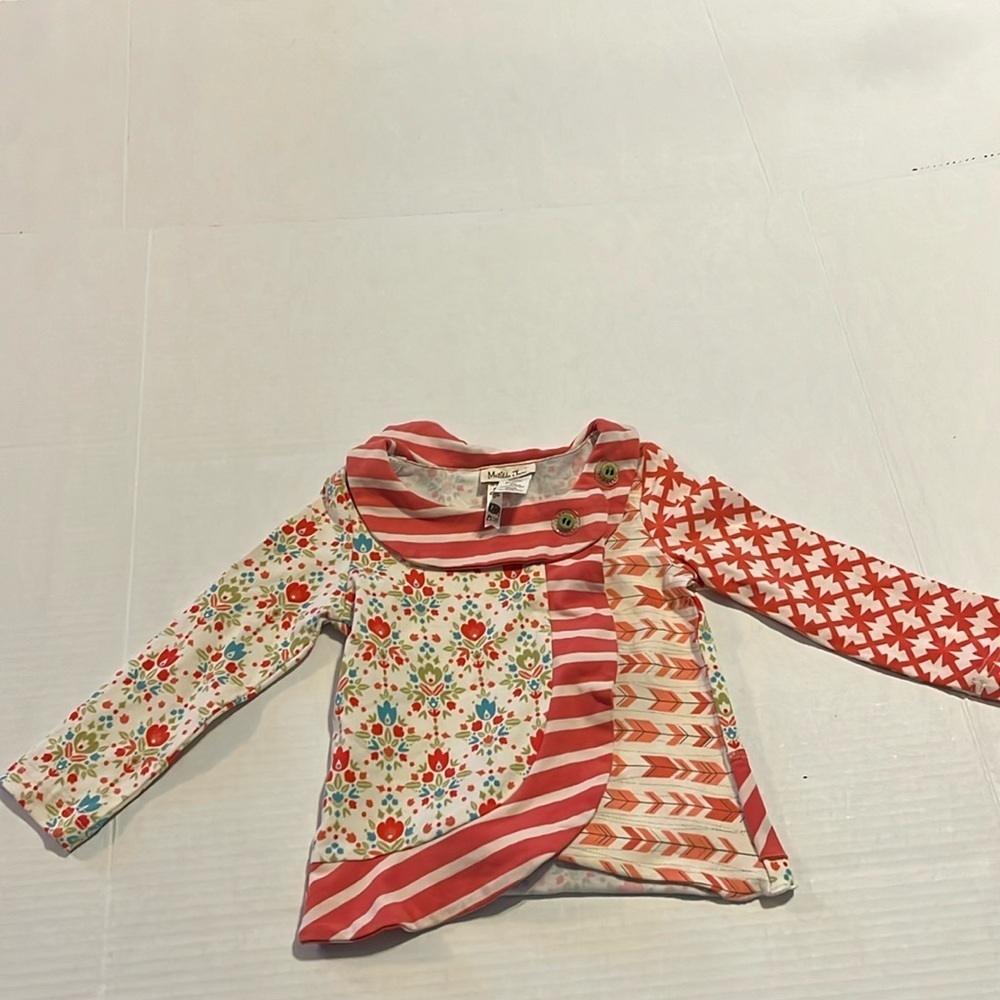 Matilda Jane-12 M-multicolored patterned top with back ruffle, long sleeve top.